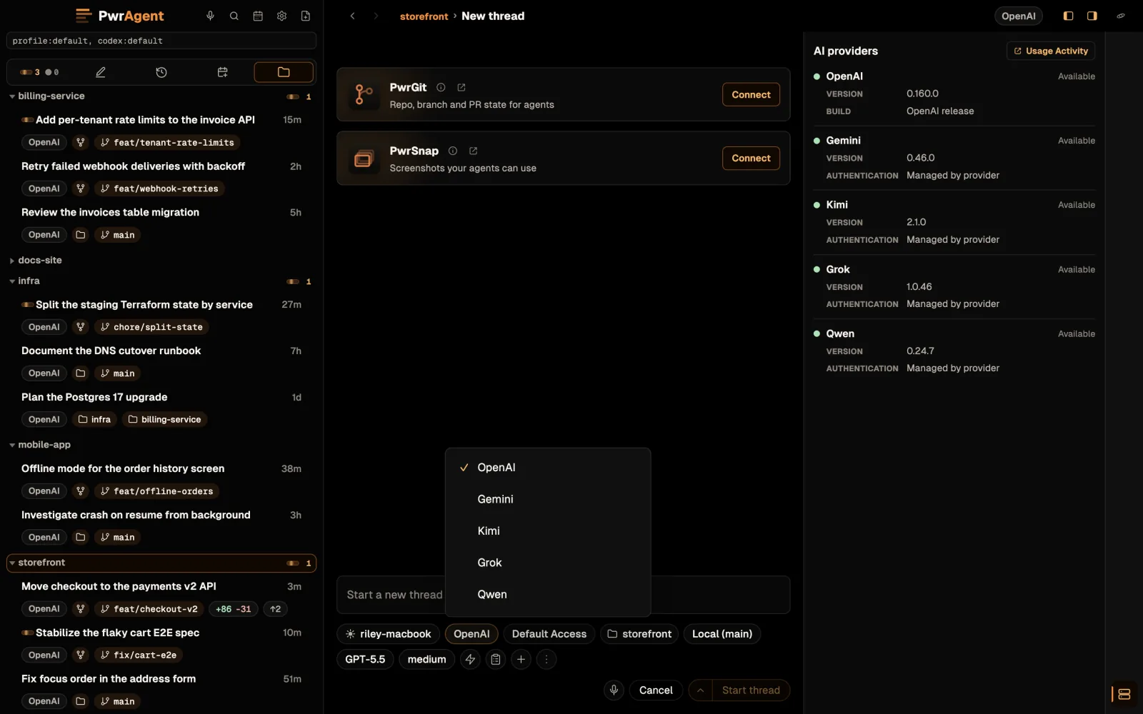 Starting a new thread: the agent menu in the composer is open, listing OpenAI (the app's label for Codex), Gemini, Kimi, Grok and Qwen. The rail on the right lists each provider's version and status.