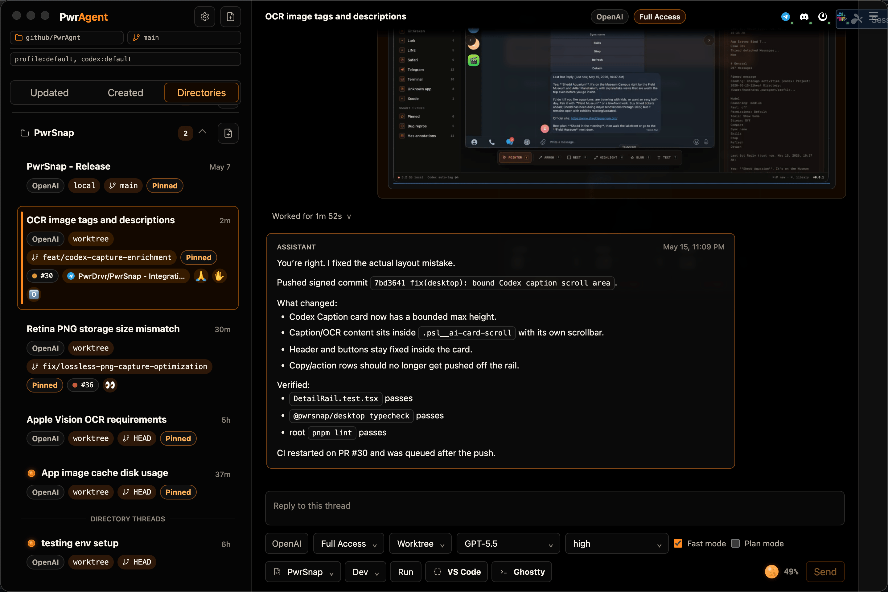 PwrAgent desktop in use — Directories lens grouping threads across two repos, a thread mid-conversation, four messenger status icons in the title bar, per-thread model / access / fast-mode / worktree controls above the composer.
