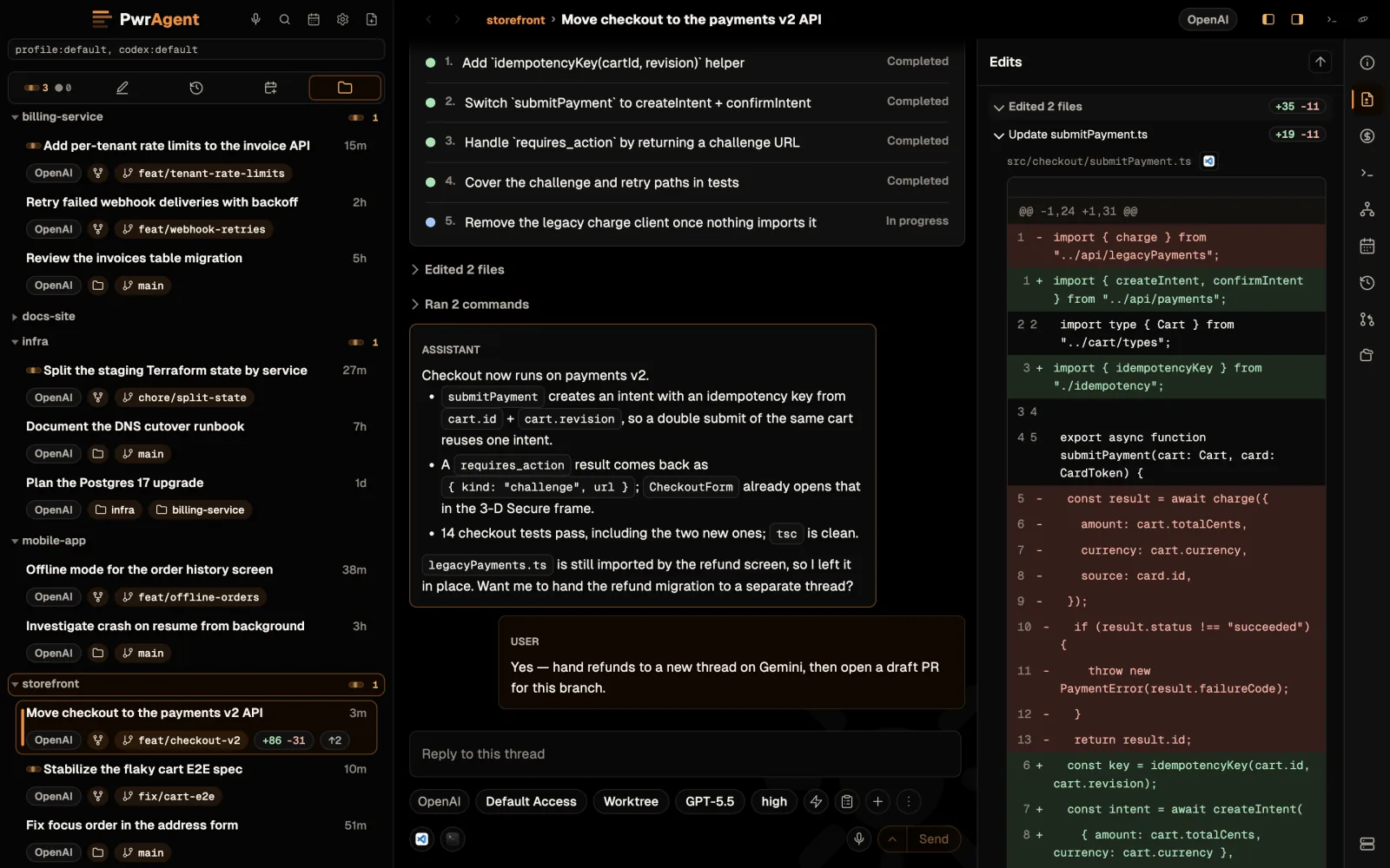 The PwrAgent window. The sidebar's Directories lens lists threads under five repositories, each thread tagged with its agent and its worktree branch. The selected thread, moving checkout to a new payments API, shows its task plan and transcript in the centre, and the Edits rail on the right shows the diff of the file it changed.