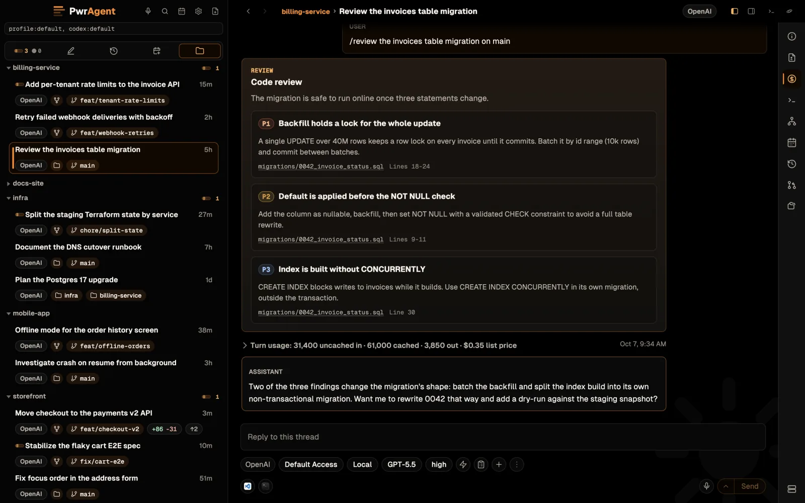 A code review of a database migration inside a thread. Three findings are ranked P1, P2 and P3, and each one names the migration file and the lines it refers to.