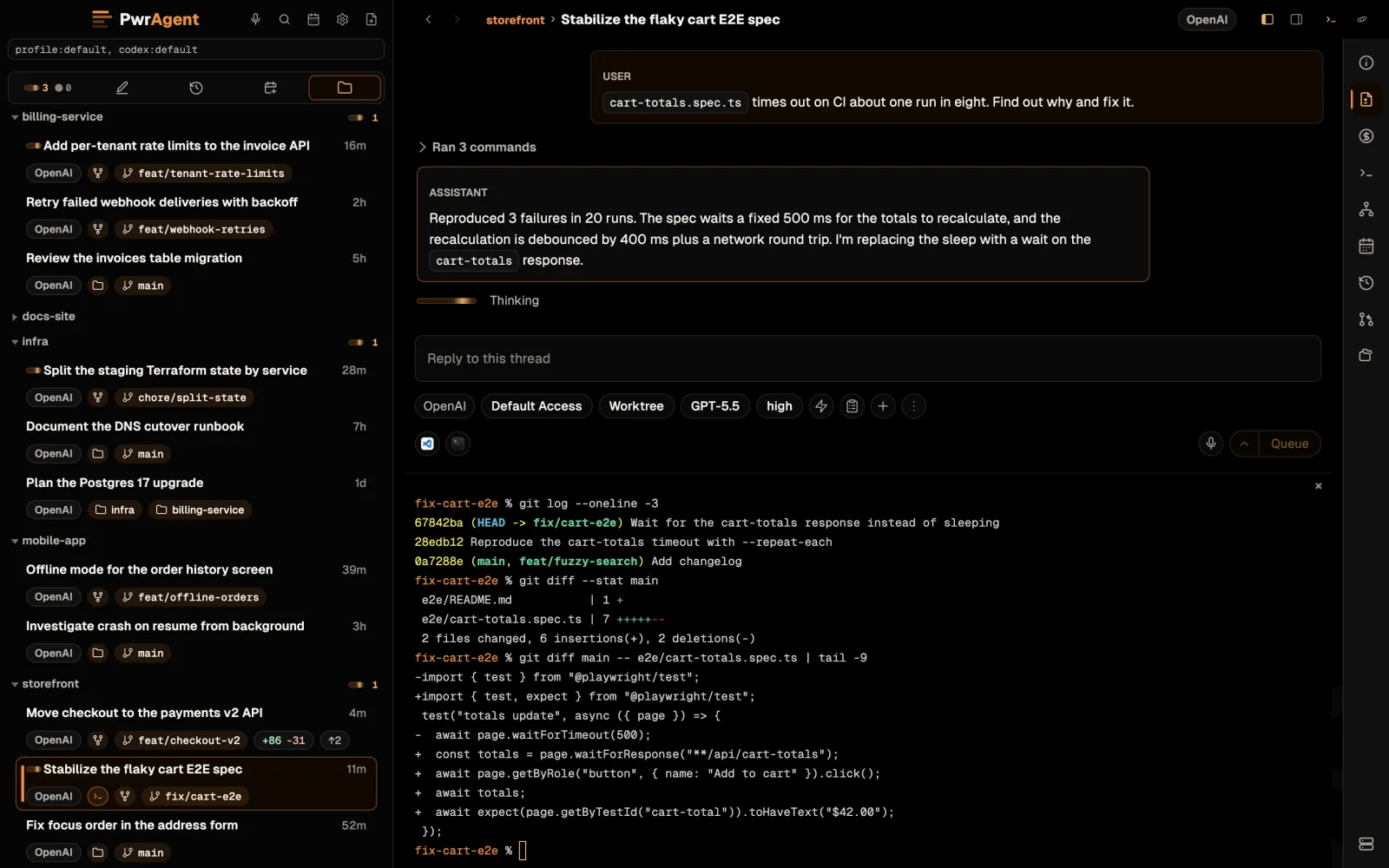 A thread with its integrated terminal open beneath the transcript. The shell is in the thread's fix/cart-e2e worktree, showing git log and the diff of the agent's fix.